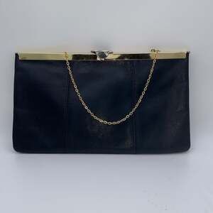 Vintage Etra Black Leather Clutch Purse, Gold Frame & Chain Handle Evening Bag